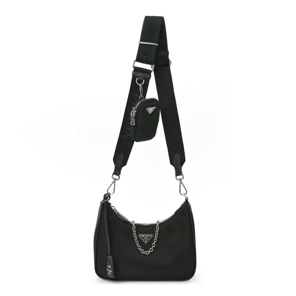 Prada Black Nylon Shoulder Bag with Chain Detail